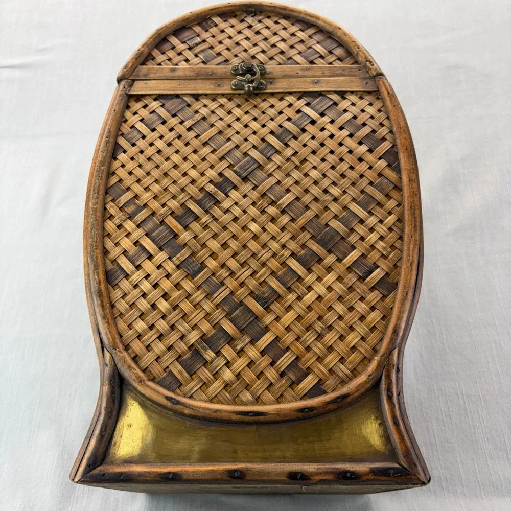 Vintage Wicker and Wood Storage Box Brown Boho Woven Latch Lid Decorative Brass